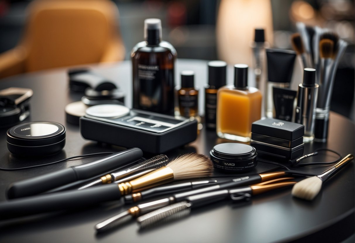 A table with various styling tools and products for creating professional-looking sideburns