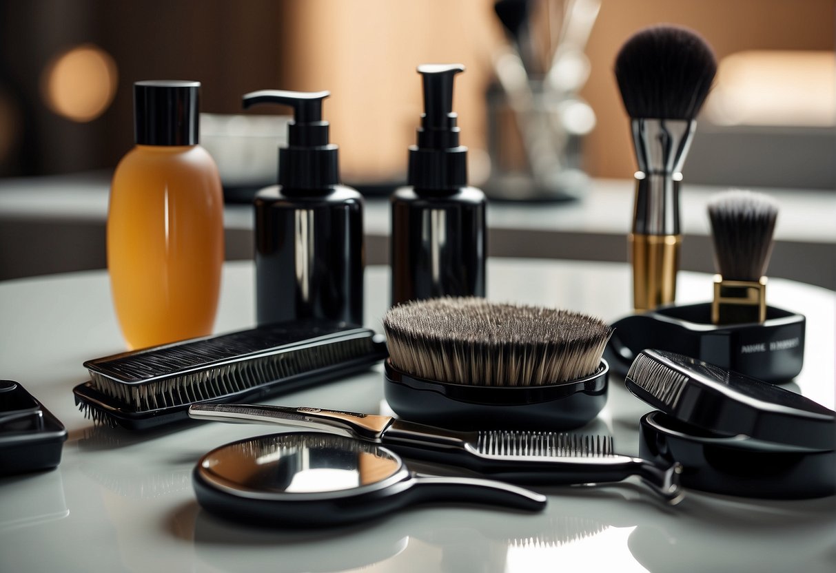 A table set with various grooming tools and products, with a mirror reflecting a stylishly trimmed set of sideburns