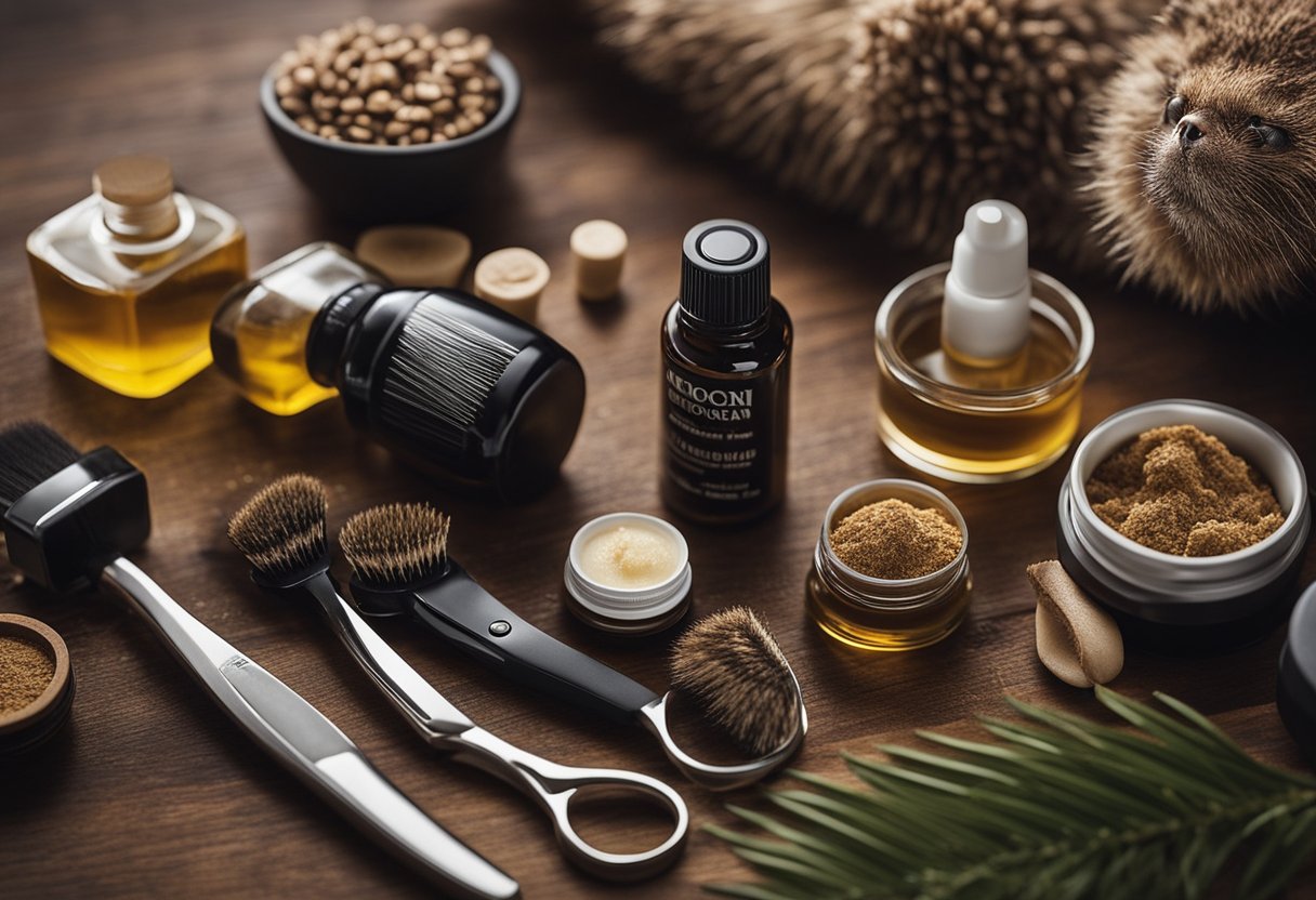 A clean, well-groomed beard surrounded by natural, oil-free grooming products on a wooden surface