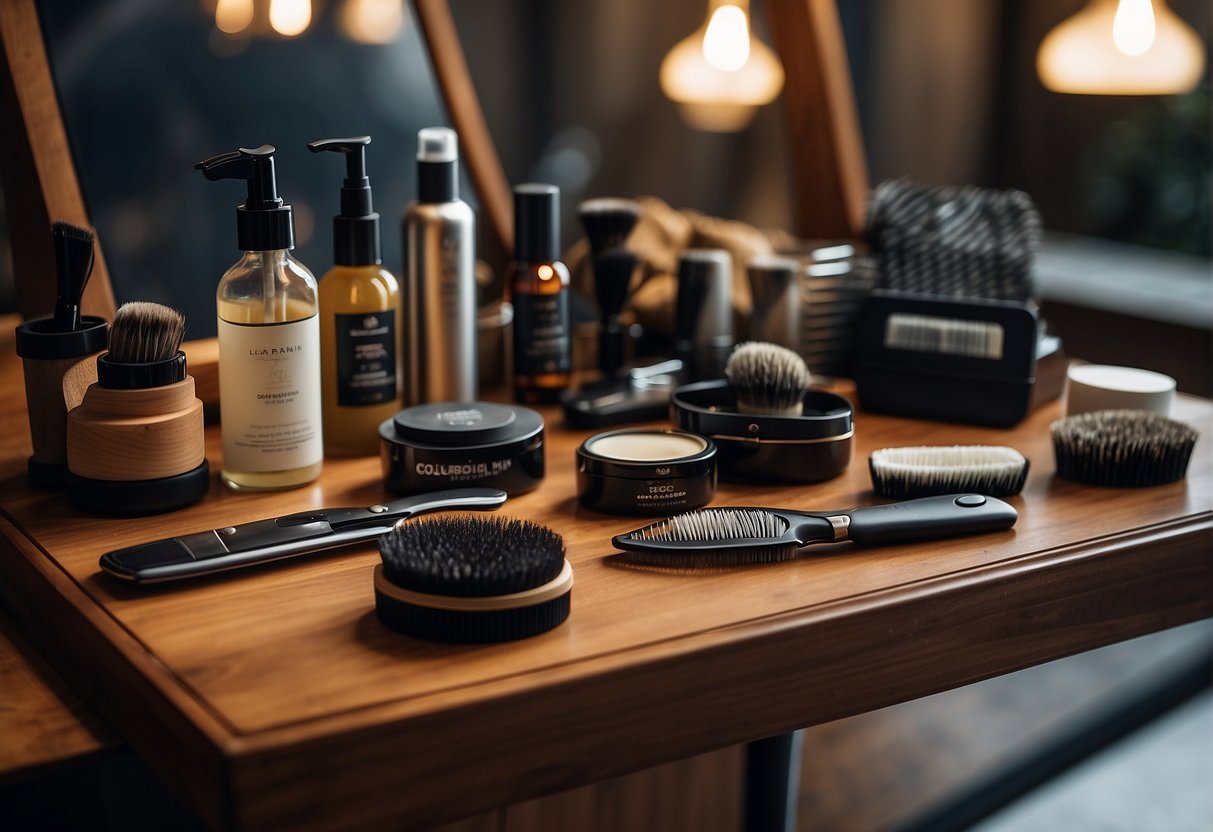 A table with various grooming tools and products for styling sideburns, accompanied by a guidebook on common mistakes and how to avoid them