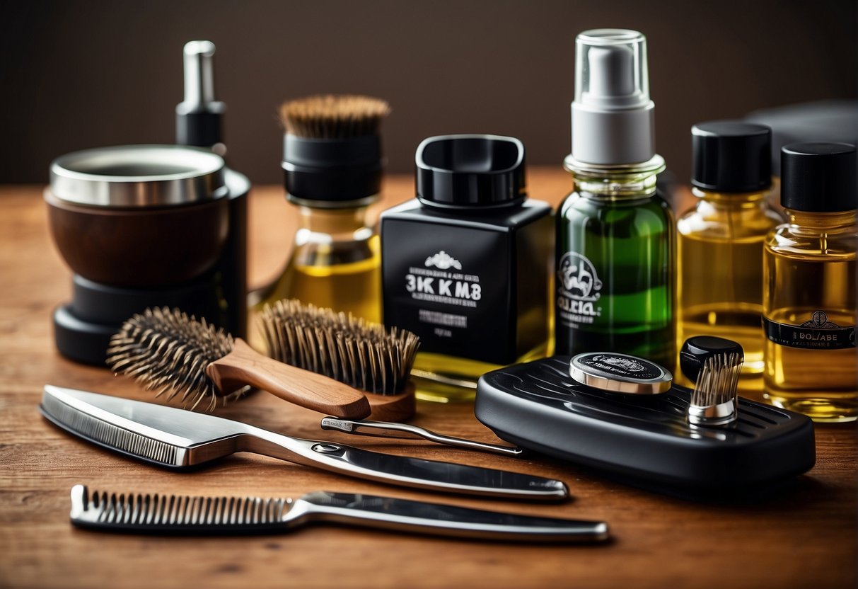 A table with various grooming tools and products for maintaining and styling a mustache. Items include combs, scissors, wax, and oils