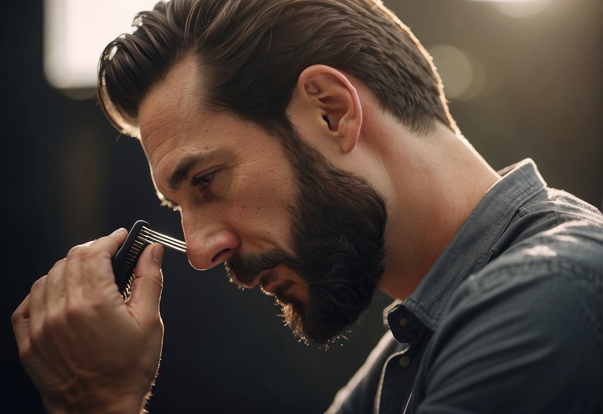 A man carefully styles his sideburns with a comb and trimmer, creating a sharp and defined look for his long-term beard growth