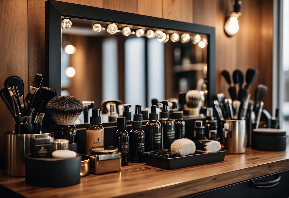 A man's grooming station with various styling products and tools neatly arranged on a wooden countertop, with a mirror and a stylish comb