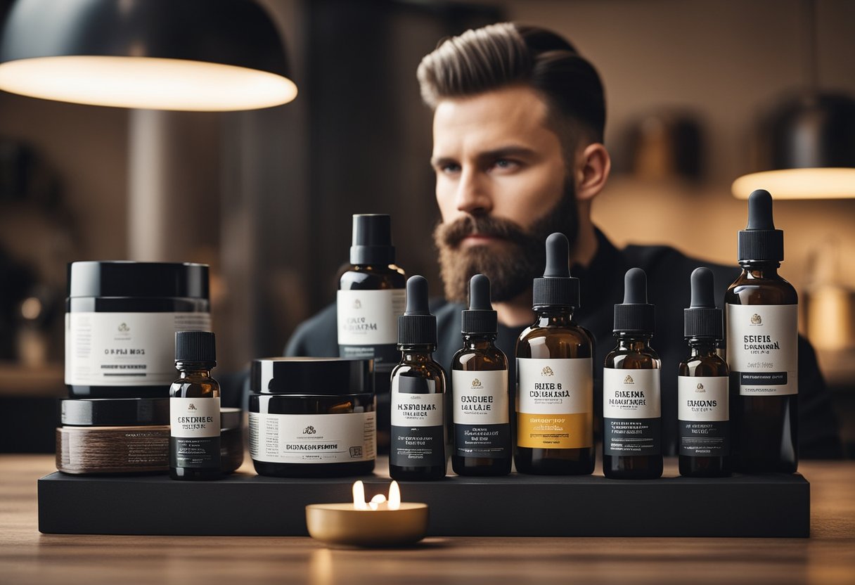 A clean, well-groomed beard surrounded by various oil-free beard care products, showcasing solutions for common beard problems